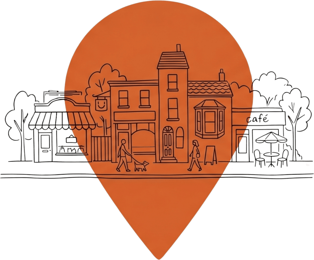 Hand-drawn London neighbourhood scene inside an orange location pin